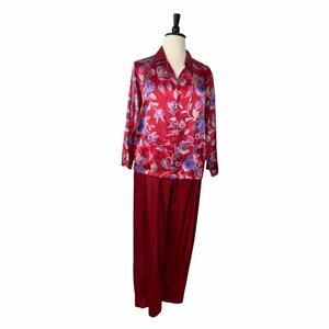 Warner’s Satin Pajama Set 2-Piece Red Floral Long Sleeve Top Pant NEW Size 1X